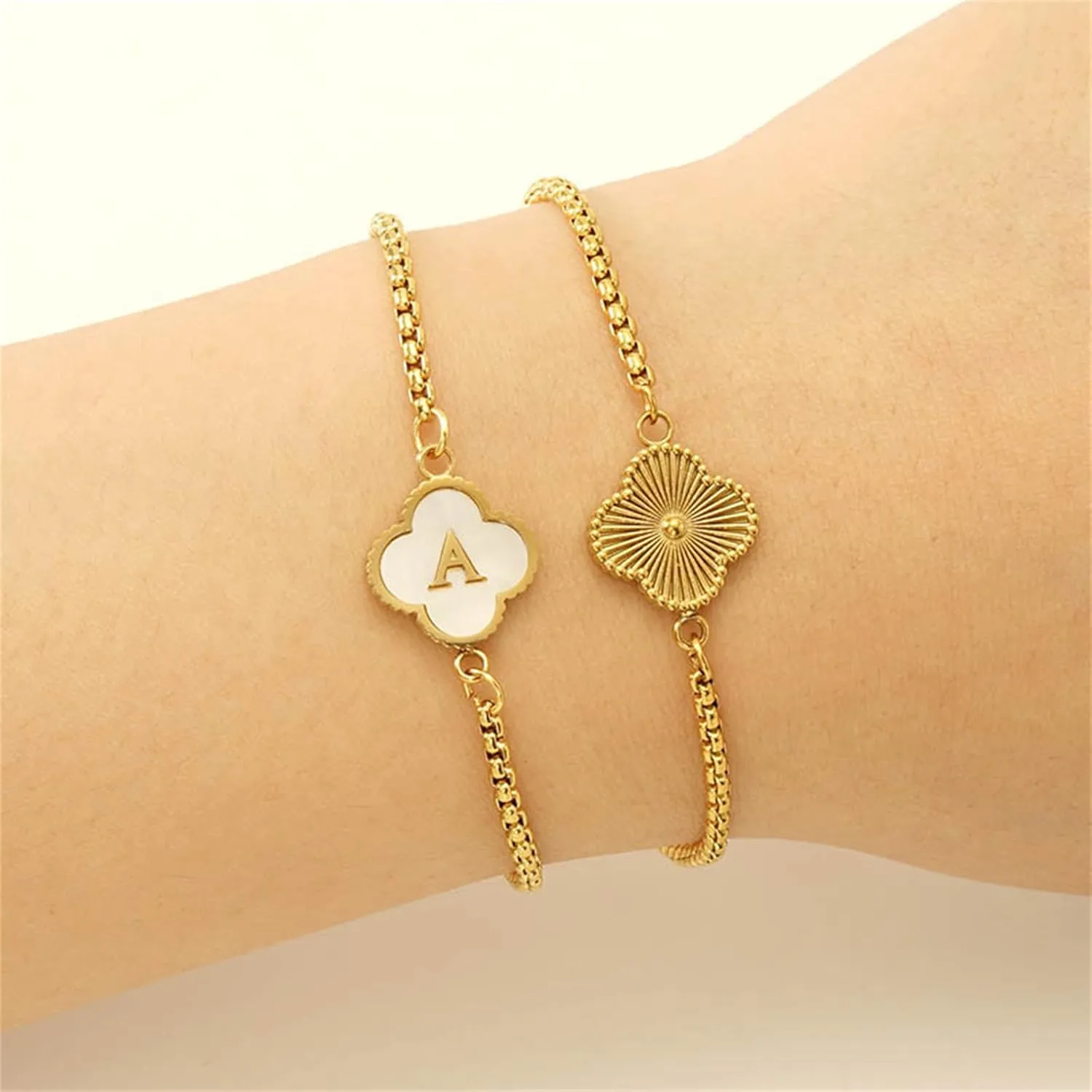 Mothers Day Gifts for Mom Wife - Gold Initial Clover Bracelets for Women Dainty 14K Gold Filled Letter Tennis Bracelet Personalized 26 Alphabet Charm Bracelet Mom Gifts