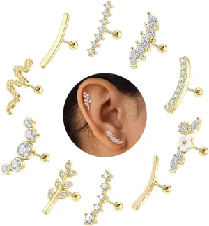 MOZAKA 10 PCS 16G Cartilage Earrings Helix Piercing Jewelry for Women Stainless Steel Opal CZ Conch Daith Tragus Piercing Jewelry Flower Snake Leaf Screw Back Stud Earrings Set