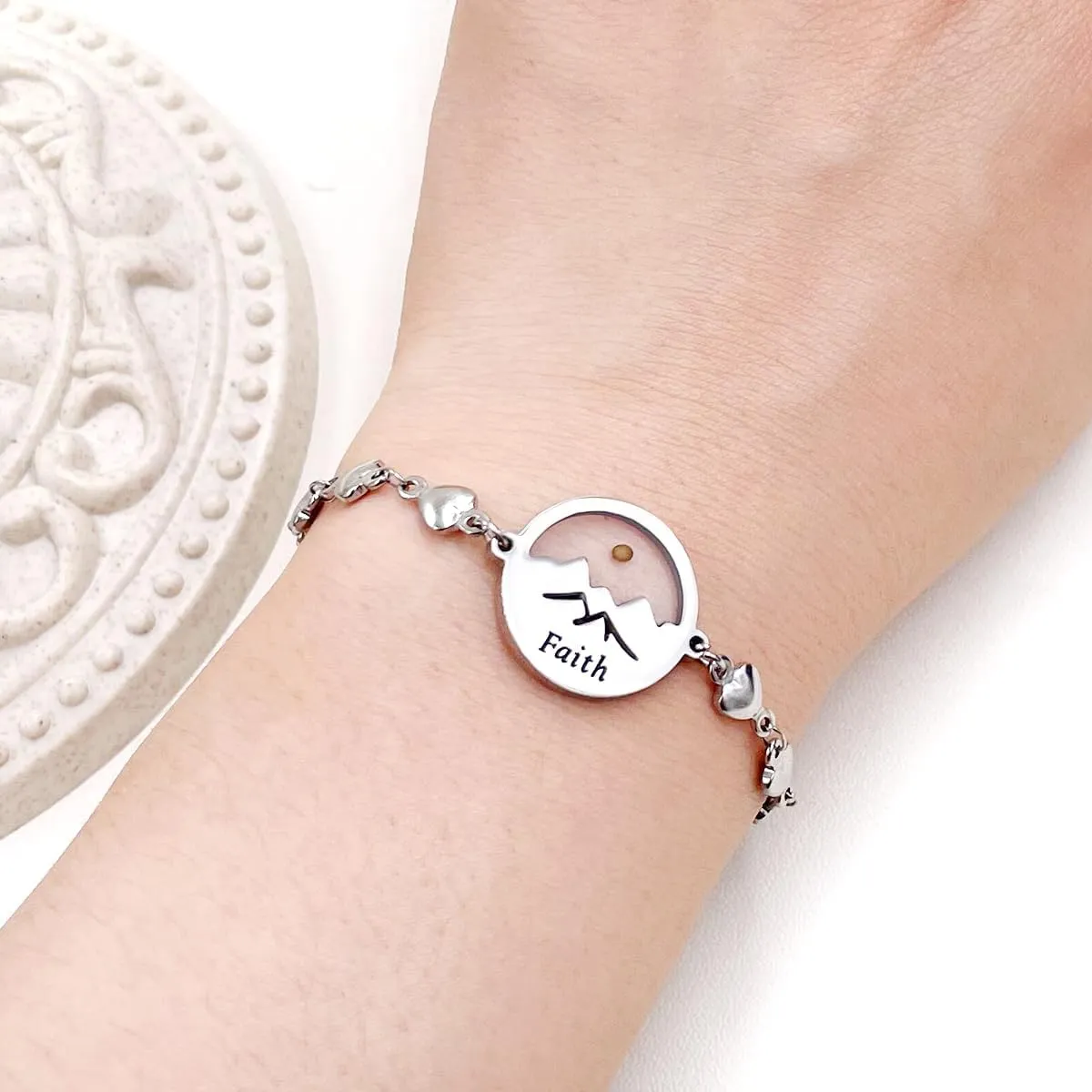 Mustard Seed Stainless Steel Heart Charm Link Bracelet for Women, Religious Bracelets Christian Blessing Encouragement Jewelry for Christmas