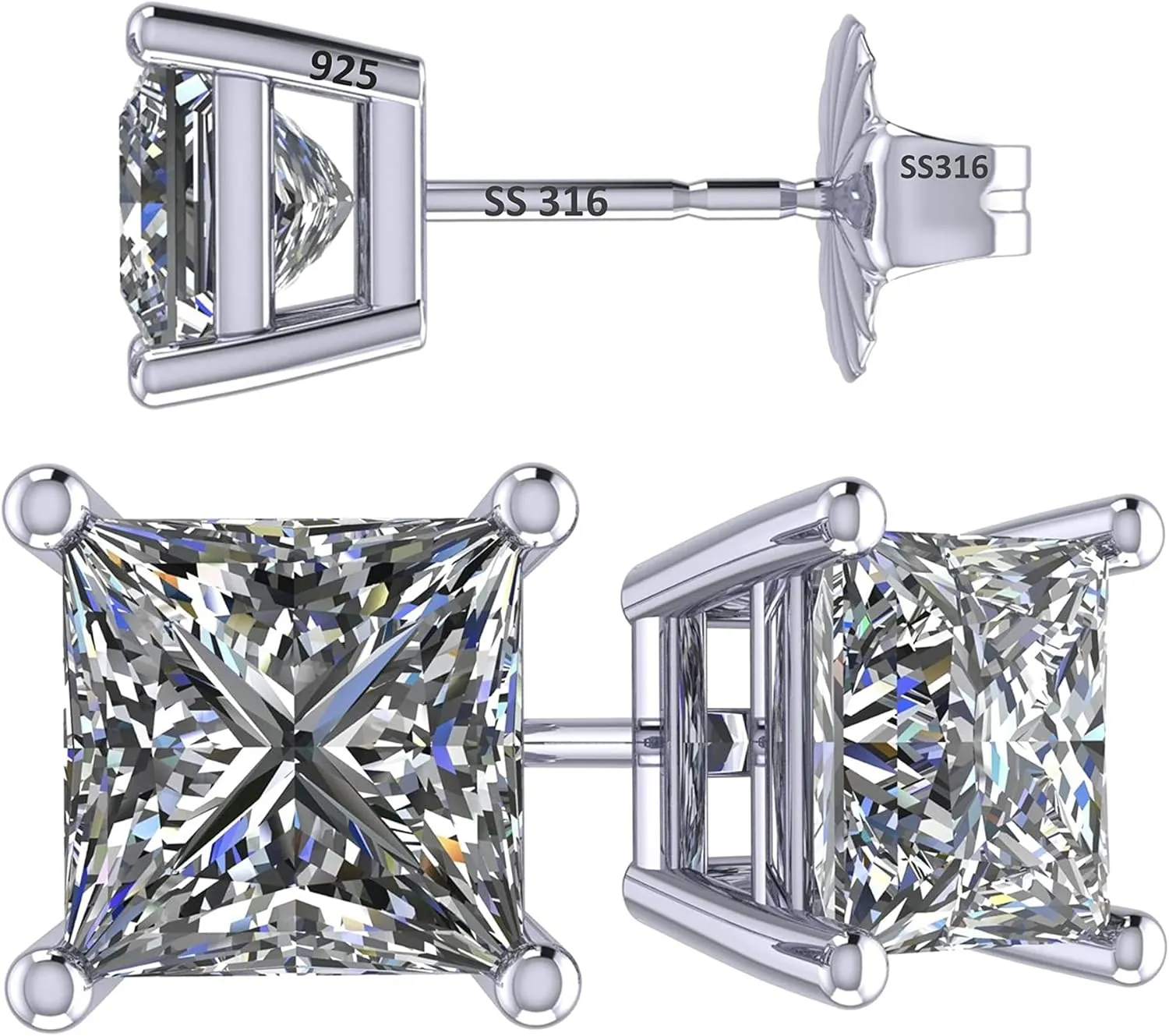 NANA Jewels Princess Cut Simulated Diamond Stud Earrings Silver & CZ 1.50ct - 4.00ct Hypoallergenic