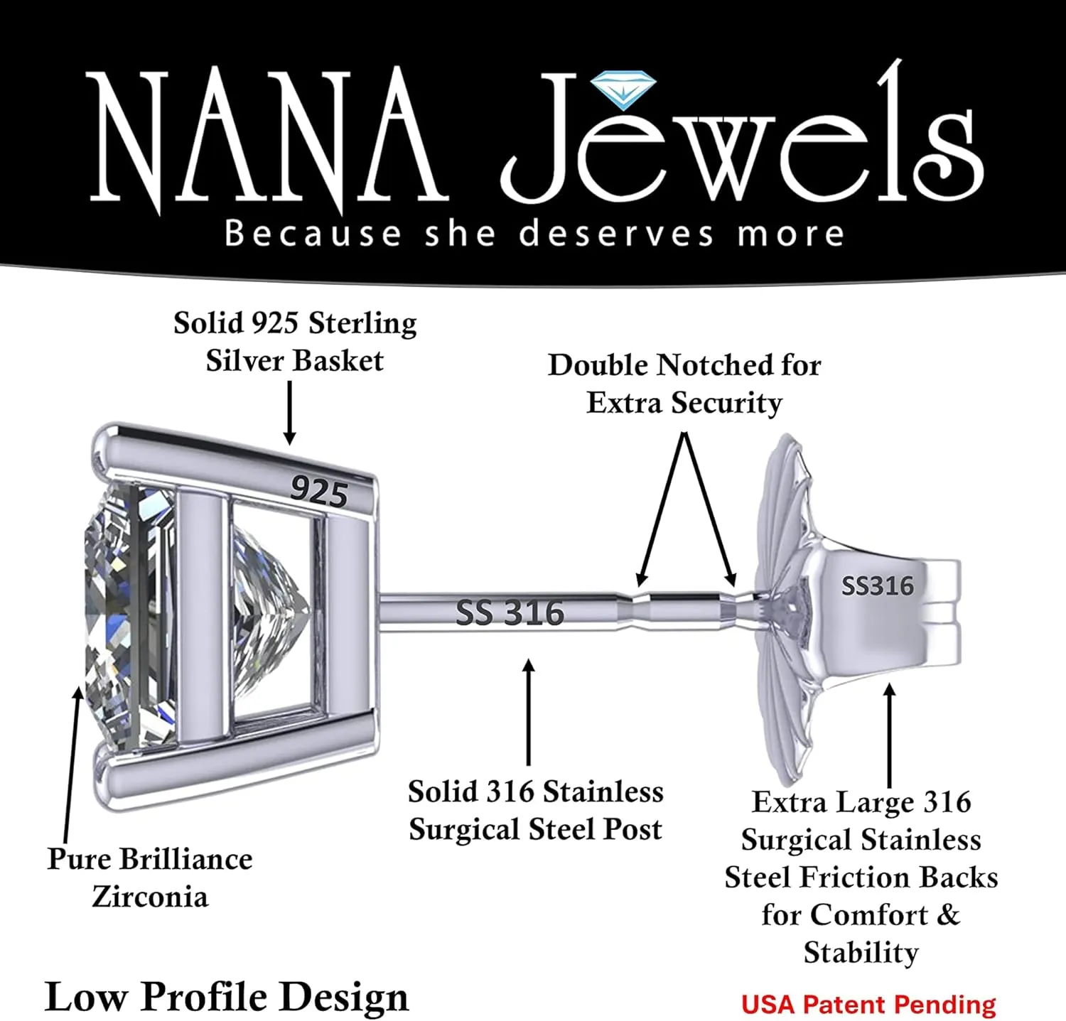 NANA Jewels Princess Cut Simulated Diamond Stud Earrings Silver & CZ 1.50ct - 4.00ct Hypoallergenic