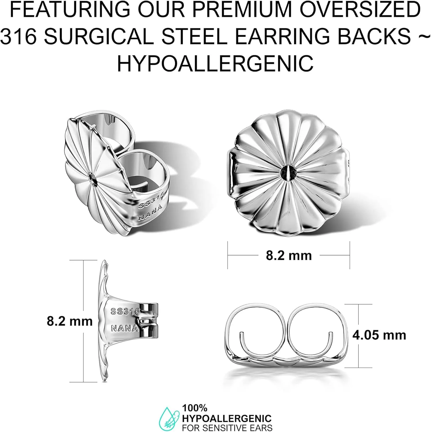 NANA Jewels Princess Cut Simulated Diamond Stud Earrings Silver & CZ 1.50ct - 4.00ct Hypoallergenic