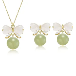 Natural Hetian Jade Jewelry Set for Women, Dainty Lucky Green Jade Bow Charm Stud Earrings Adjustable Choker Chain, Handmade Matching Necklace Earrings (925 Sterling Silver with Gold Plated)