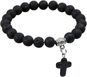 New 2025 Natural Stone Cross Beaded Bracelets Charm Women Men Black Lava Rock Bead Onyx Stretch Strand Bracelet & Bangle Prayer Jewelry Findings Fashion Trendy Accessories Creative Gift