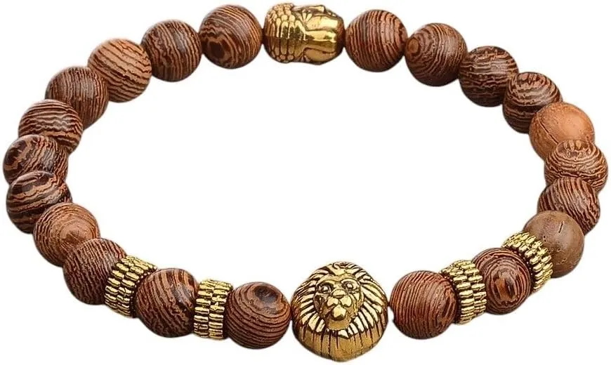 New 2026 Unisex Hot 8Mm Men Natural Wood Beads Gold Plated Lion Head Yoga Bracelet For Couples Elastic Buddhist Prayer Hombre Bracelets Jewelry Fashion Trendy Accessories Creative Gift Women And