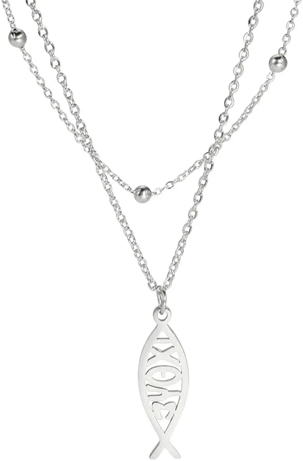 New for Arrival Trendy 2025 Christian Jesus Fish Pendant Necklaces for Women Double Layer Stainless Greek  Christian Religious Gift Jewelry Fashion Accessories Creative Gift