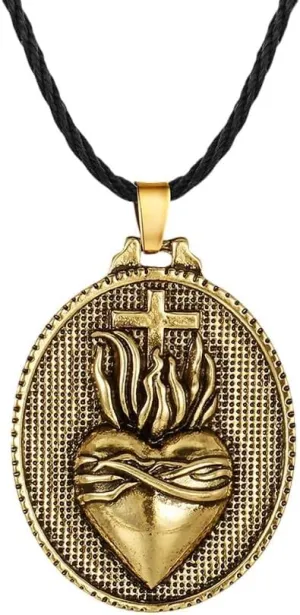 New For Trendy 2025 Vintage Christian Sacred Heart Of Jesus Cross Pendant Necklace Retro Men's Gold Color Catholic Religious Pendant Chain Necklace Jewelry Fashion Accessories Creative Gift