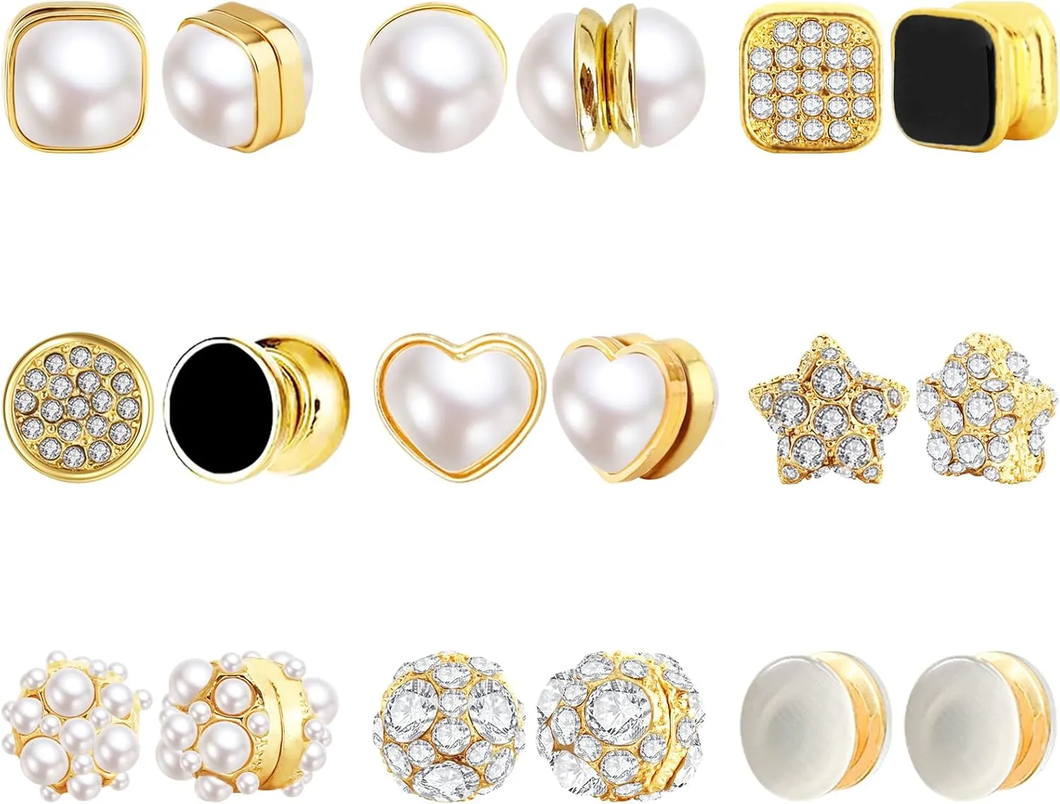 NEWITIN 9 Pairs Magnetic Stud Earrings for Women Clip on Earring Magnet Studs Inlaid Cubic Zirconia Pearl Stud Earring Fashion Non Piercing Magnetic Earrings for Women Men
