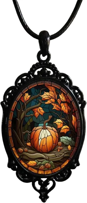 NIQIPOK Halloween Bat Cameo Necklaces Gothic Witch Cameo Necklace Vintage Punk Crystal Glass Pumpkin Raven Pendant Neckalce Victorian Necklace Halloween Jewelry for Women