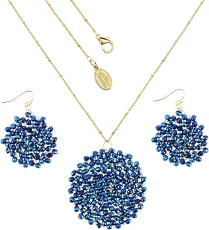 Niumike Handmade Crystal Circle Pendant Necklace and Earring Sets for Women Prom Disc Long Statement Necklaces Jewelry Sets with Gifts Box