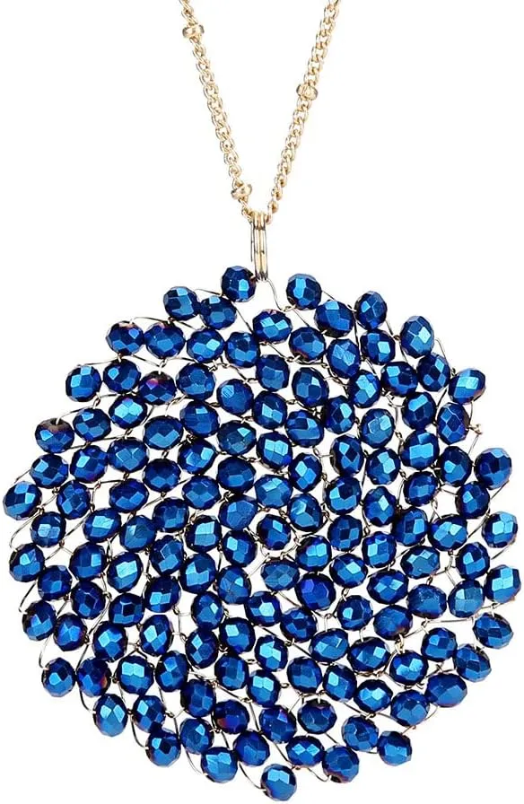 Niumike Handmade Crystal Circle Pendant Necklace and Earring Sets for Women Prom Disc Long Statement Necklaces Jewelry Sets with Gifts Box