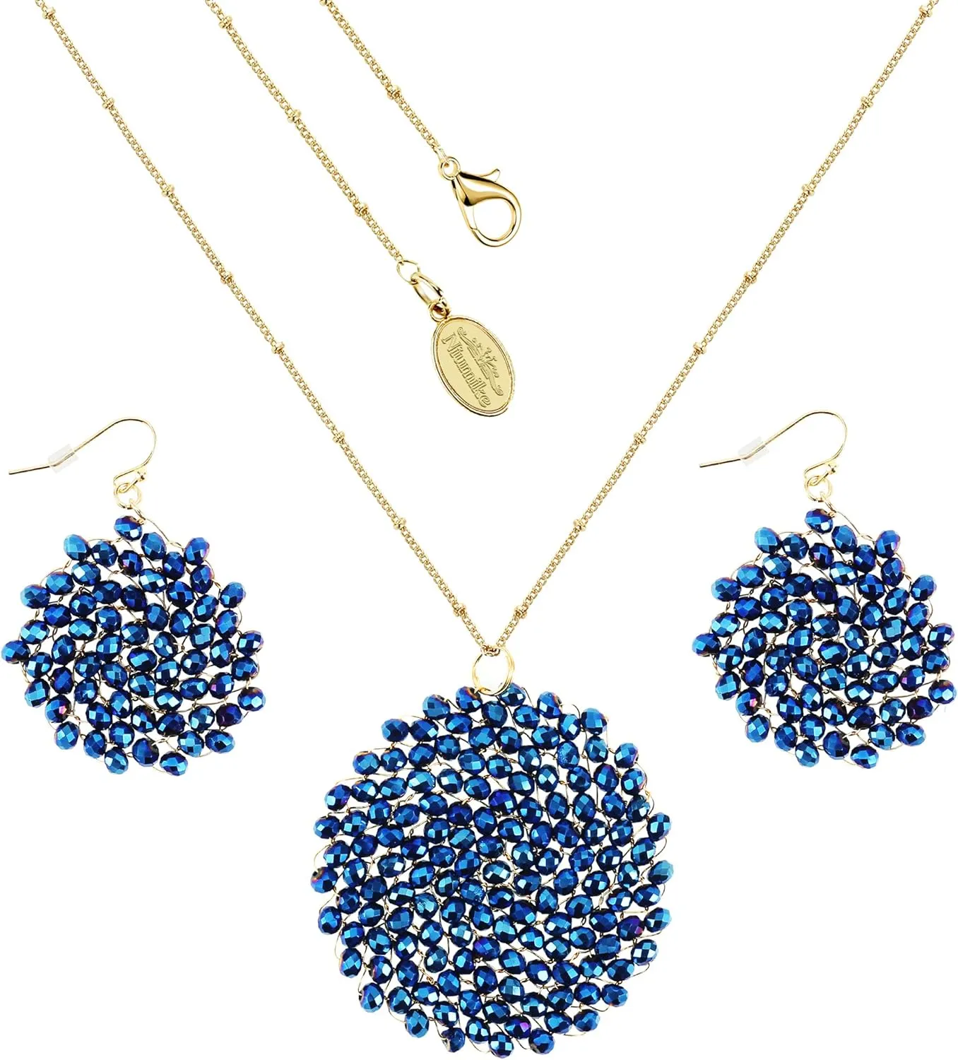 Niumike Handmade Crystal Circle Pendant Necklace and Earring Sets for Women Prom Disc Long Statement Necklaces Jewelry Sets with Gifts Box