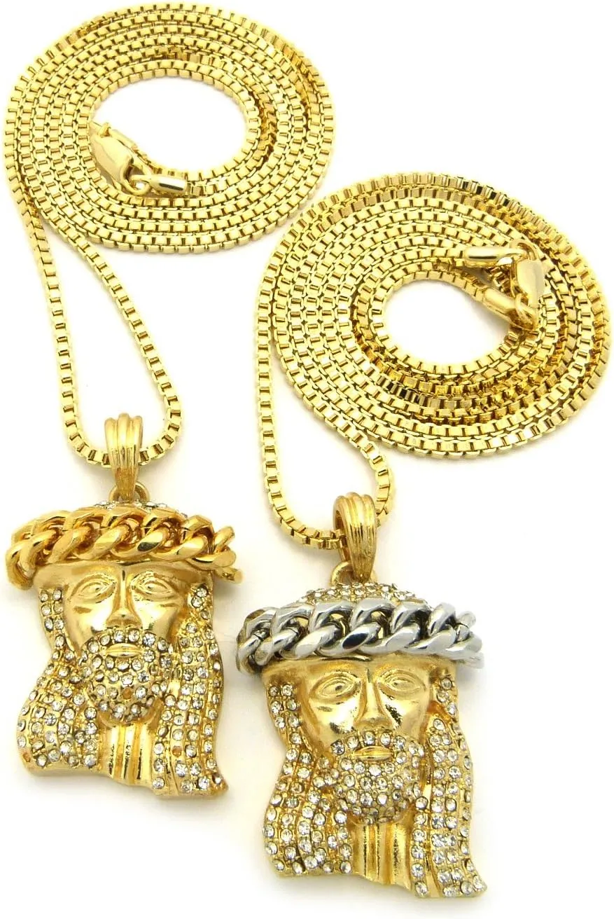 NYFASHION101 Iced Out Chain Crown Jesus Micro Pendant 30" Box Chain Necklace Set in Gold-Two-Tone RC550GT