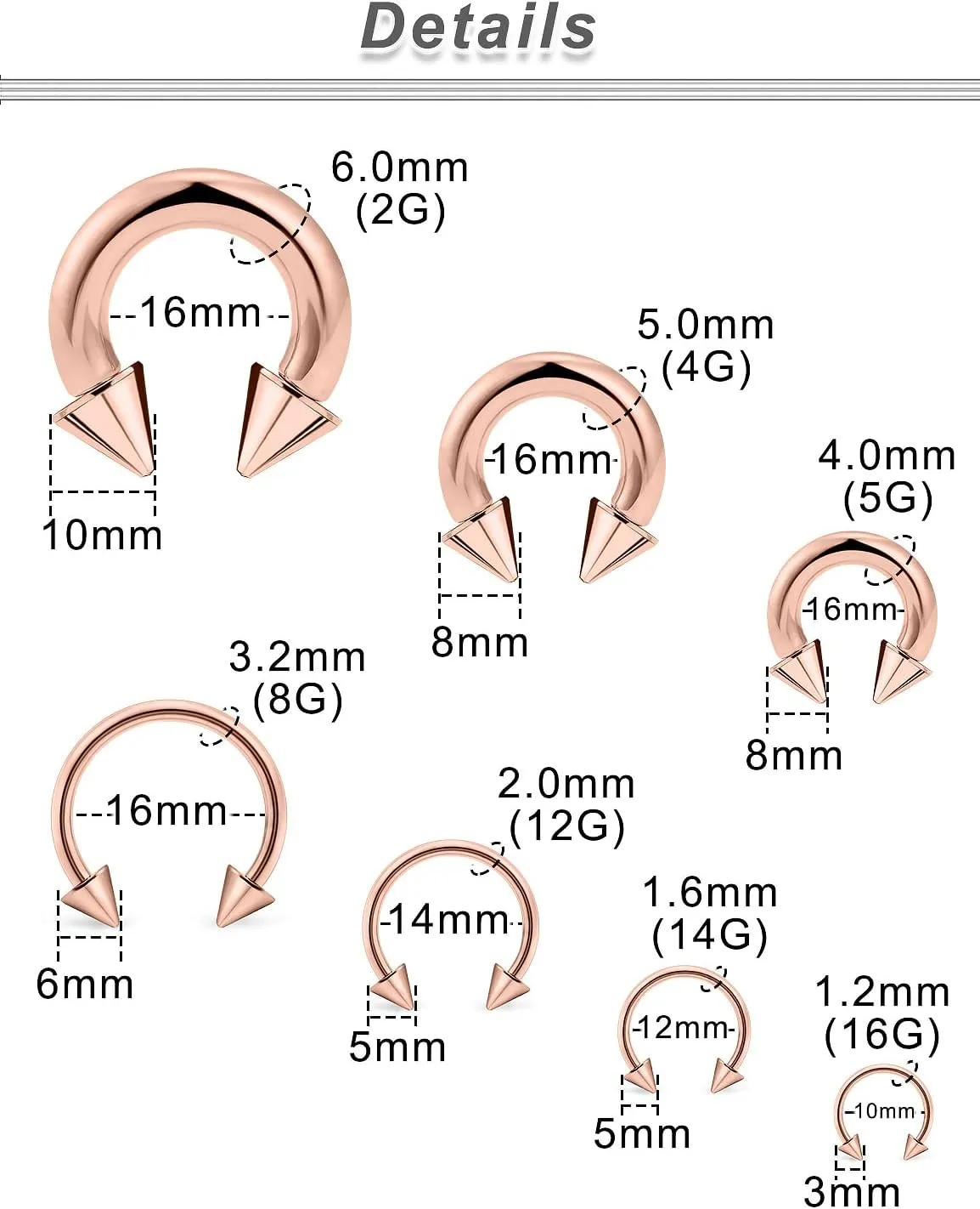 Ocptiy 0G 2G 4G 6G 8G 12G 14G 16G Septum Stretching Kit Surgical Steel Horseshoe Gauges Piercing Kit for Women Men