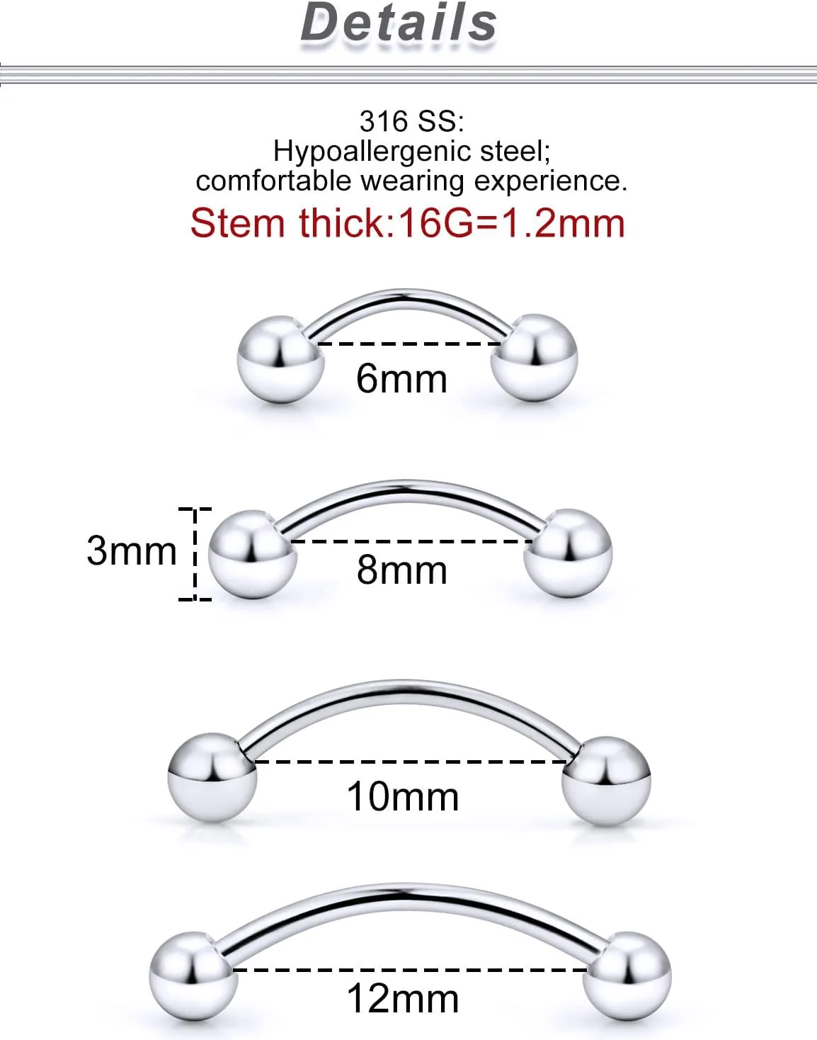 Ocptiy 20G 16G 14G 12G Eyebrow Rook Daith Piercing Jewelry 316L Surgical Steel Vertical Lip Labret Belly Button Ring Snake Eyes Tongue Ring Curved Barbell 6mm(1/4") 8mm(5/16") 10mm (3/8") 12mm(1/2")