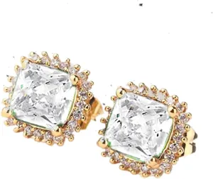 ODETOJOY 1 Pair Simulated Emerald Earrings 18K Yellow Gold Plated Square Cubic Zirconia Simulated Diamond Halo Stud Earrings for Women with Gift Box with Gift Box
