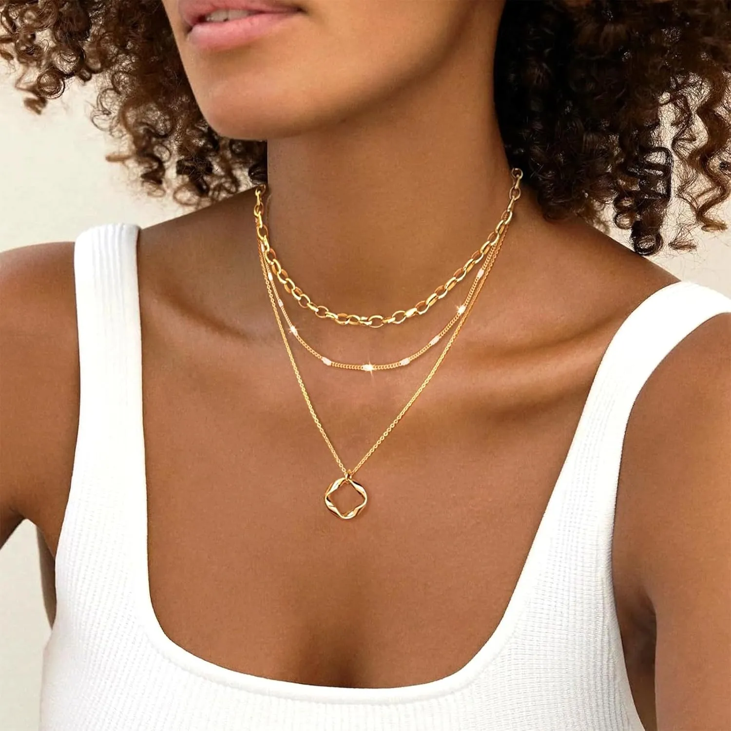 OGD Layered CZ Rondelle Pendant Necklaces for Women, 14K Gold Plated Trendy Mariner Chain Dainty Circle Rondelle Pendant Choker Necklace for Women Two-Toned Cubic Zirconia Gold Necklace