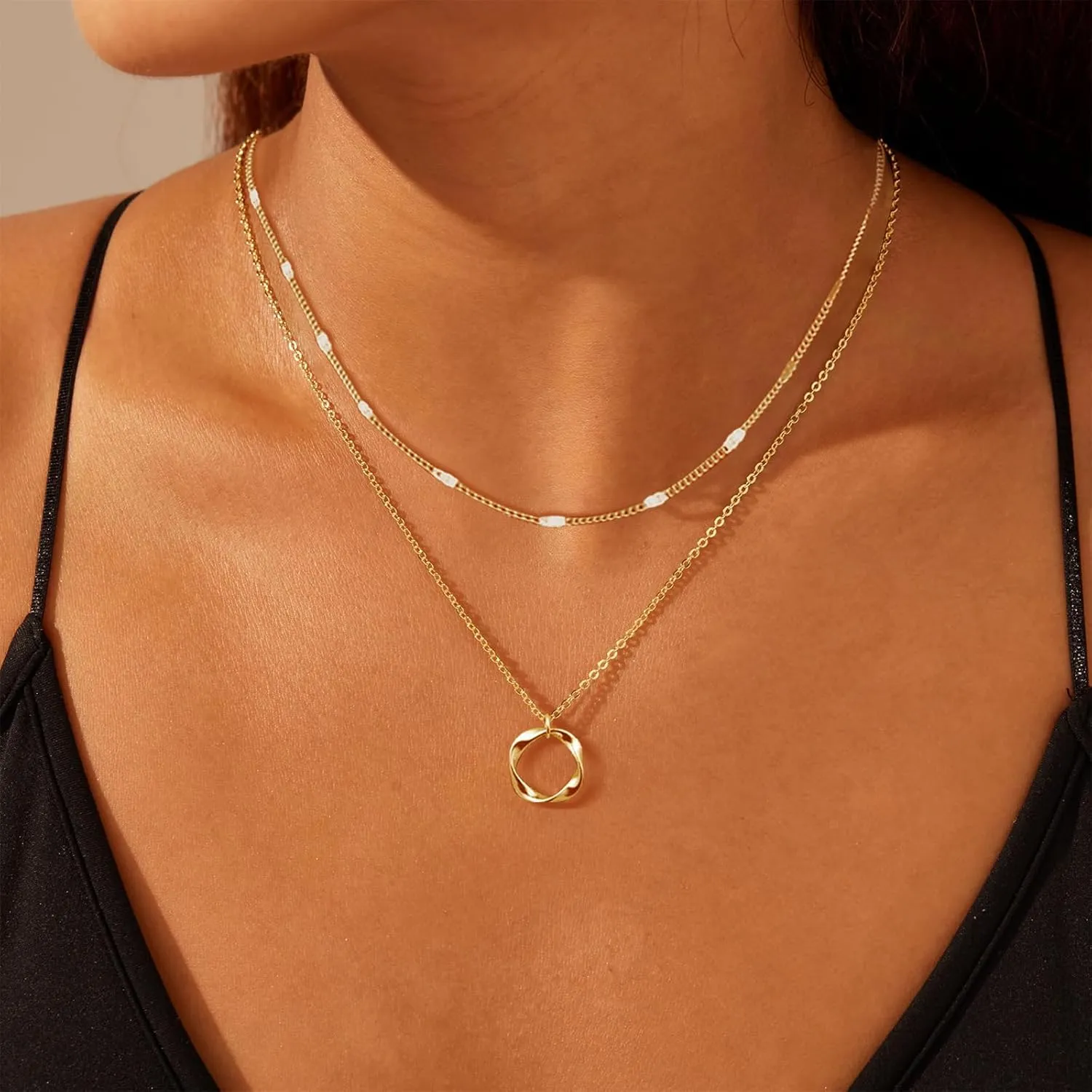 OGD Layered CZ Rondelle Pendant Necklaces for Women, 14K Gold Plated Trendy Mariner Chain Dainty Circle Rondelle Pendant Choker Necklace for Women Two-Toned Cubic Zirconia Gold Necklace