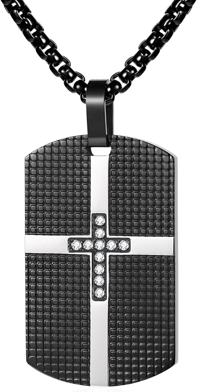 OIDEA Dog Tag Cross Necklace for Men: Military Dog Tag Chain Cross Inlaid with Zircon Stainless Steel Men's Necklaces Religious Jewelry Gift