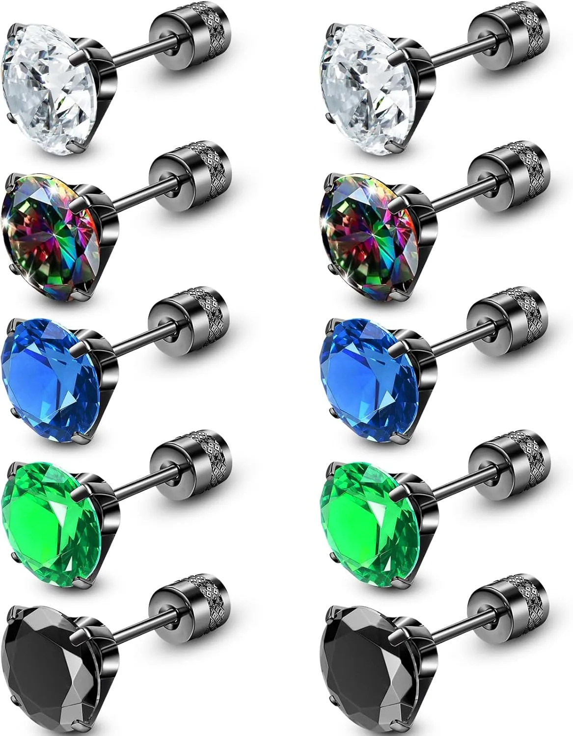 ONESING 5Pairs Screw Back Mens Earrings Stud Surgical Stainless Steel Studs Earrings for Women Men Hypoallergenic Cubic Zirconia Flat Back Screw on Earring for Multiple Piercing