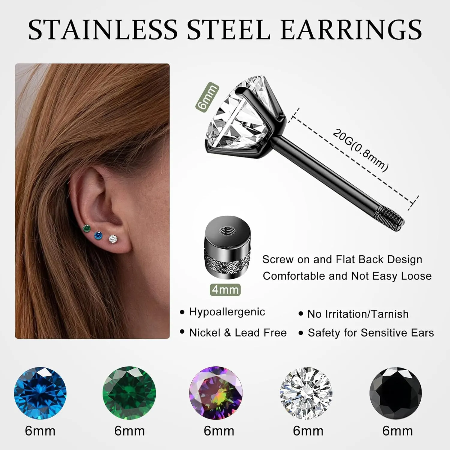 ONESING 5Pairs Screw Back Mens Earrings Stud Surgical Stainless Steel Studs Earrings for Women Men Hypoallergenic Cubic Zirconia Flat Back Screw on Earring for Multiple Piercing
