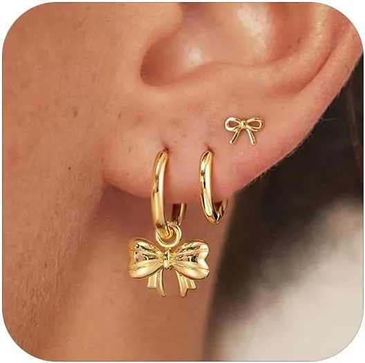 OOOPEL 3 Pairs Stackable Gold Hoop Earrings Set for Women 14K Gold Plated Earring Stacks CZ Heart Pearl Rhombus Bow Four Leaf Star Huggie Earrings for Women Trendy Jewelry