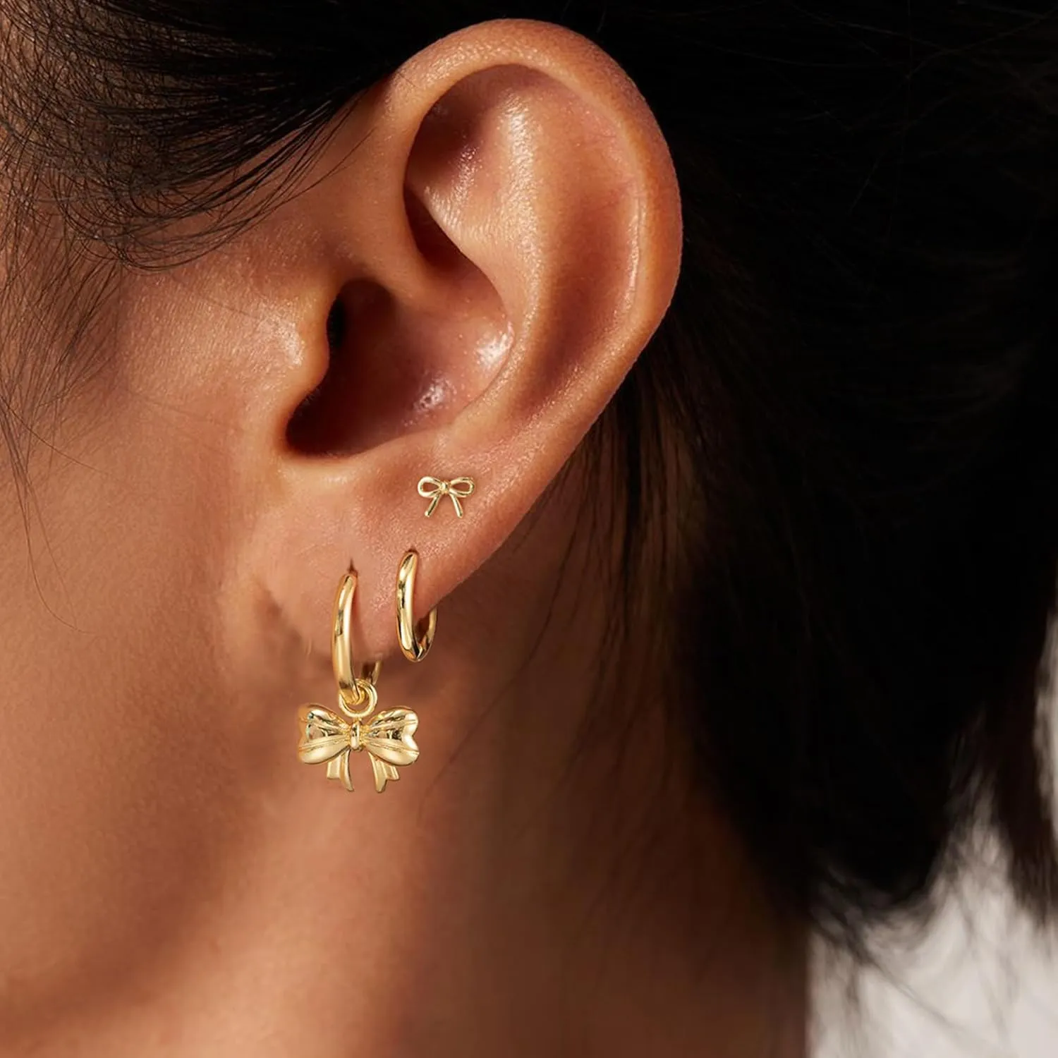 OOOPEL 3 Pairs Stackable Gold Hoop Earrings Set for Women 14K Gold Plated Earring Stacks CZ Heart Pearl Rhombus Bow Four Leaf Star Huggie Earrings for Women Trendy Jewelry