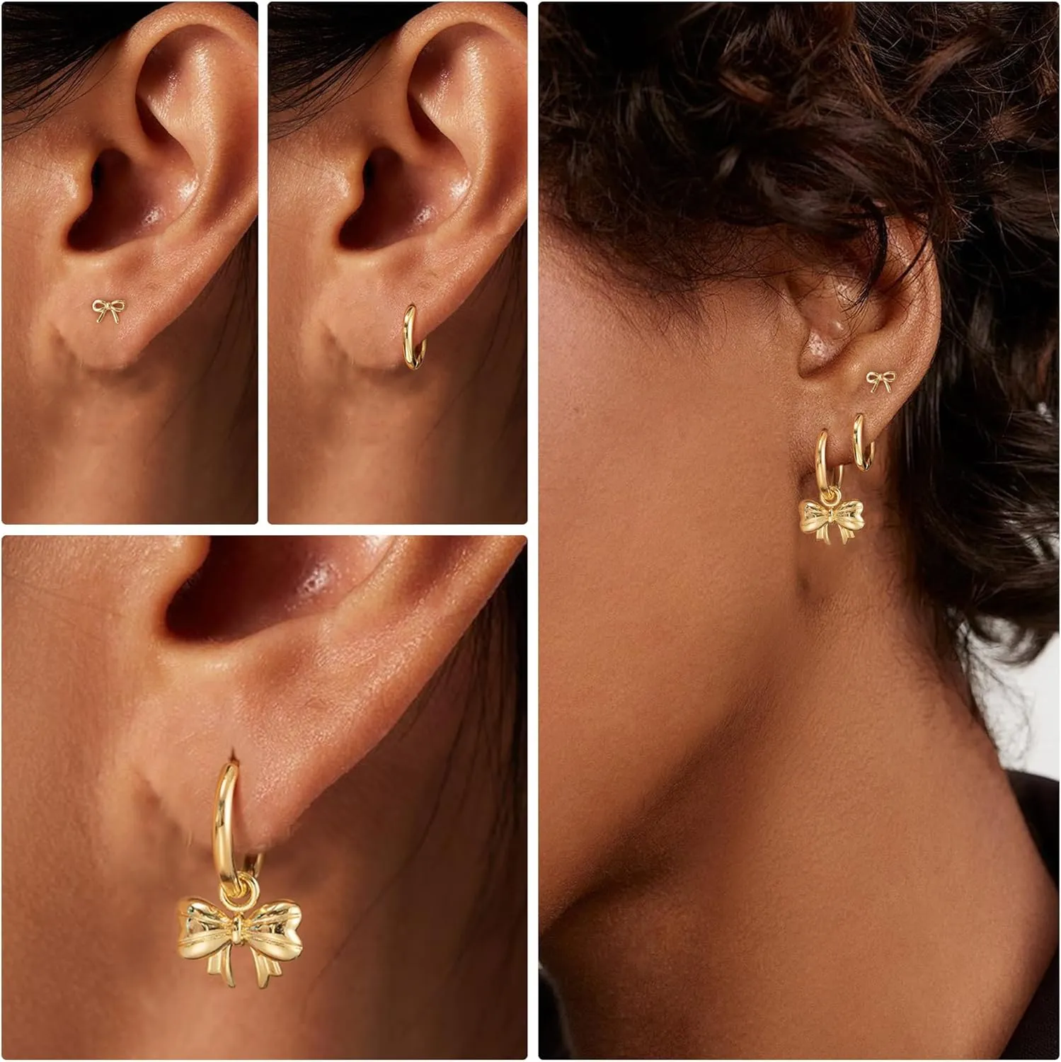 OOOPEL 3 Pairs Stackable Gold Hoop Earrings Set for Women 14K Gold Plated Earring Stacks CZ Heart Pearl Rhombus Bow Four Leaf Star Huggie Earrings for Women Trendy Jewelry