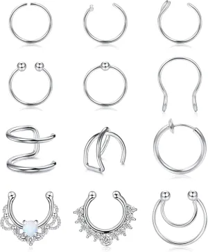ORAZIO 12Pcs Fake Nose Rings Hoop Stainless Steel Faux Septum Piercing Clip On Nose Septum Ring Faux Non-Pierced Nose Rings Earrings Jewelry