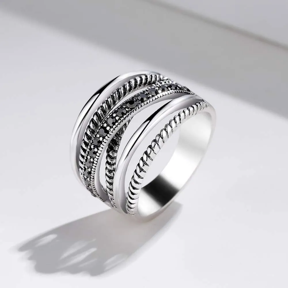 Oxidized Silver Marcasites Cable Crossover Statement Rings Costume Rings for Women