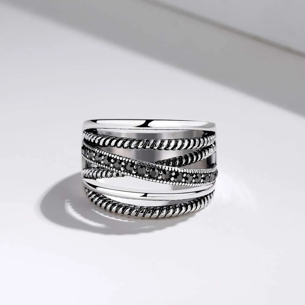 Oxidized Silver Marcasites Cable Crossover Statement Rings Costume Rings for Women