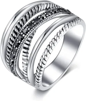 Oxidized Silver Marcasites Cable Crossover Statement Rings Costume Rings for Women
