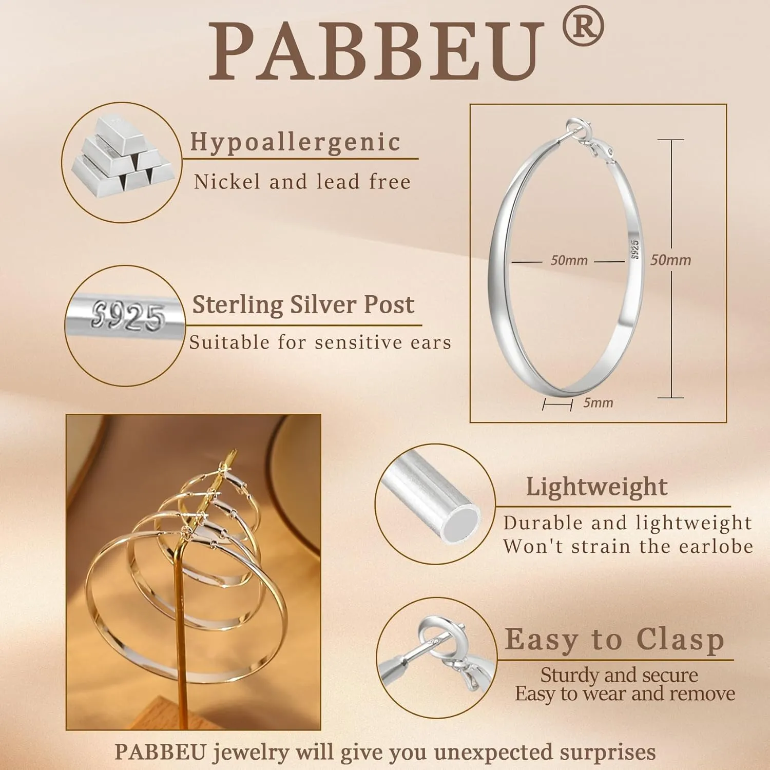 PABBEU Sterling Silver Hoop Earrings for Women - Large Hypoallergenic Thin Oversize Big Hoops - S925 Hypoallergenic