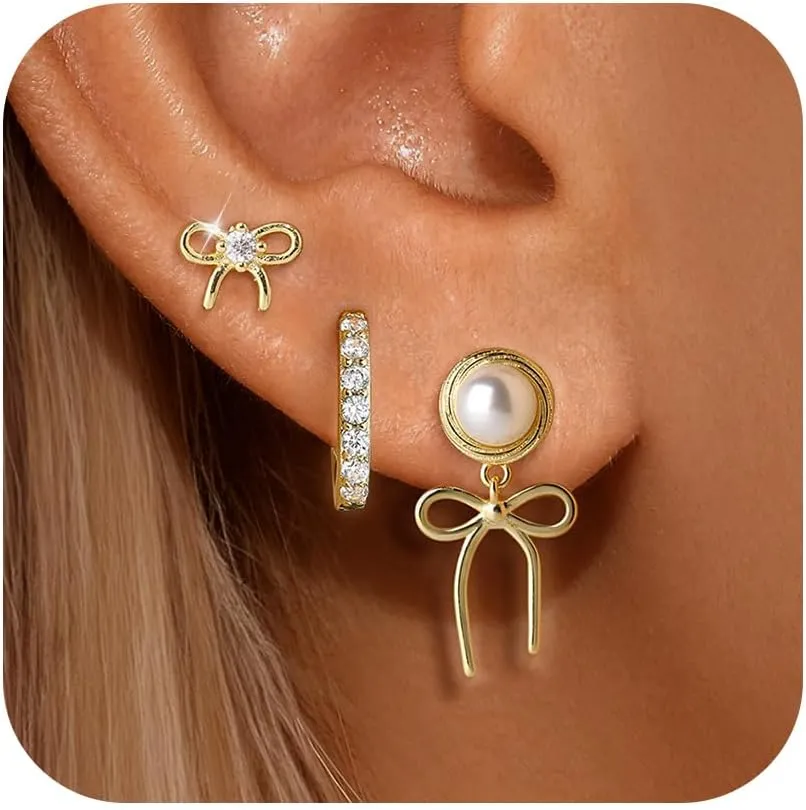 Pearl Earrings for Women, Gold Pearl Drop Hoop Earrings Set, Dainty Gold Pearl Earrings for Women Studs, Pearl Jewelry Gifts for Her, Wedding Earrings