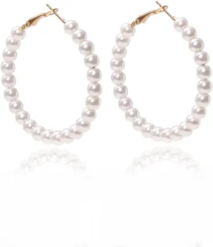 Pearl Hoop Earrings for Women Large Hoops Super Huge Circle Pearls Earrings Gold Silver Thin Dangle earrings Elegant Women Wedding Jewelry Gift for Her