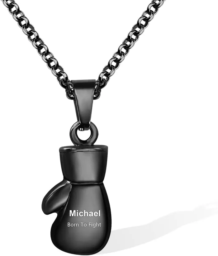Personalized Boxing Glove Necklace Customized Engraved Name Boxing Glove Necklace Stainless Steel Necklaces with Silver/Gold/Black Color Gift for Boxers Lover/Boyfriend/Men/Women