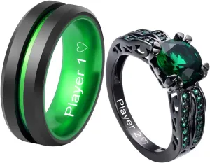 Personalized His Hers Couple CZ Wedding Ring Set 8MM Brushed Stainless Steel Center Grooved Bevel Edges Rings Black Plated Cubic Zirconia Couple Rings for Boyfriend Girlfriend