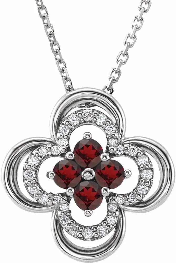 Platinum Round Shape Mozambique Garnet and 1/10 cttw Diamond Clover Necklace Fine Jewelry for Women Gifts for Her (12.5x12.5mm, G-H, SI2-SI3), 18"