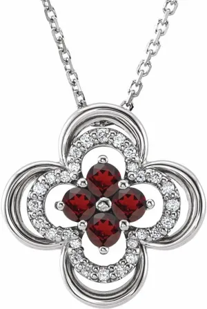 Platinum Round Shape Mozambique Garnet and 1/10 cttw Diamond Clover Necklace Fine Jewelry for Women Gifts for Her (12.5x12.5mm, G-H, SI2-SI3), 18"