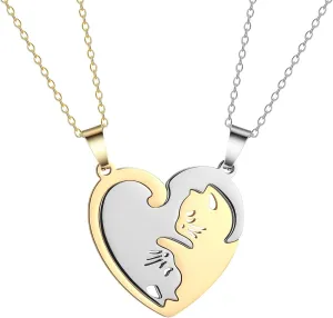 Plikin 2pcs Cat Matching Necklace Pendant Girl Stainless Steel Heart Cat Friendship Necklace BFF
