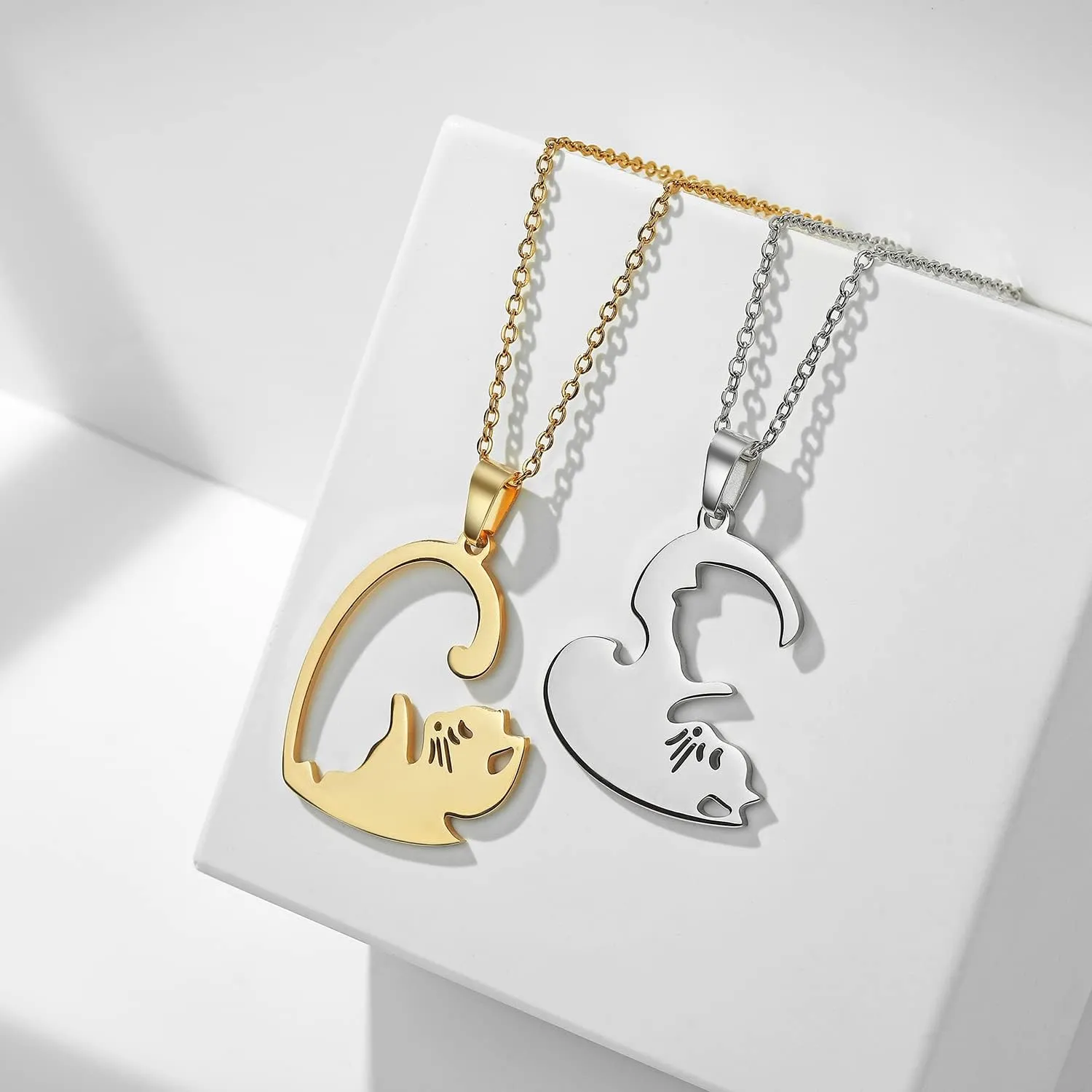 Plikin 2pcs Cat Matching Necklace Pendant Girl Stainless Steel Heart Cat Friendship Necklace BFF