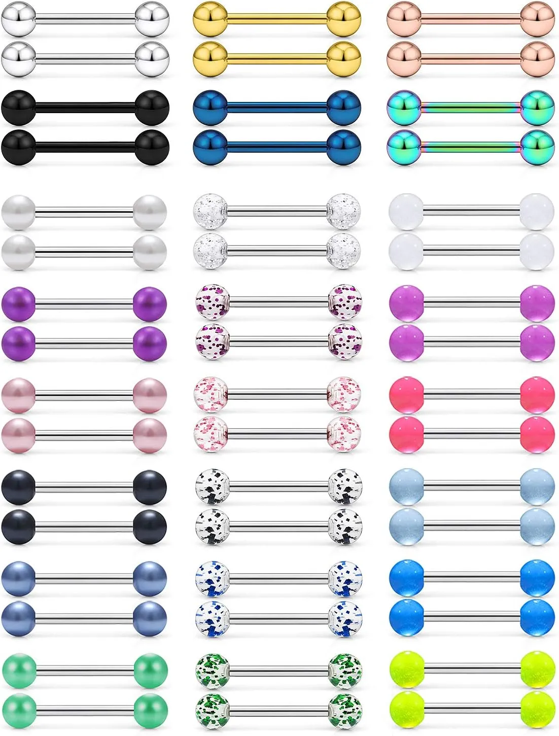 Prjndjw 24-48Pcs Nipple Rings Tongue Rings Surgical Steel Straight 14G Barbells Piercing Jewelry 12MM 14MM 16MM 19MM 22MM for Women Men Glow in The Dark Tongue nipple ring