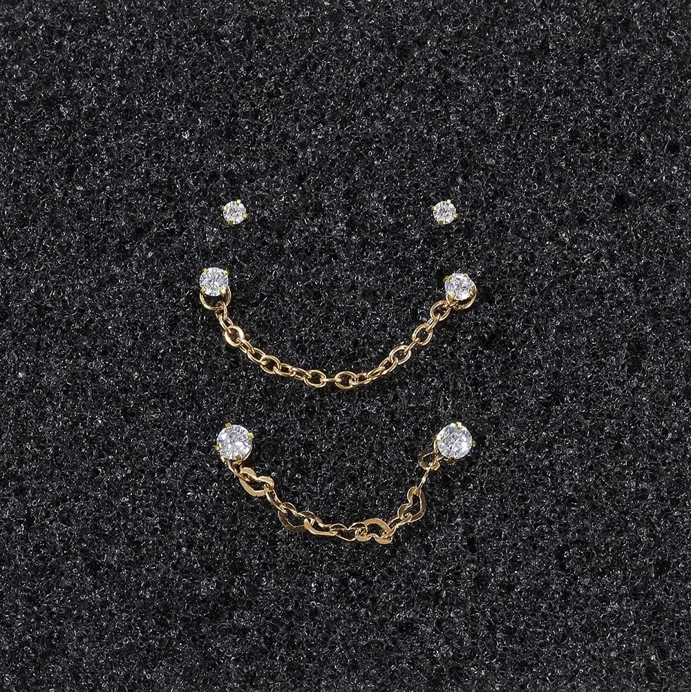 PunkTracker Nose Rings 20G - 2mm, 2.5mm, 3mm CZ Studs with Chain - Surgical Steel Nose Piercing Jewelry