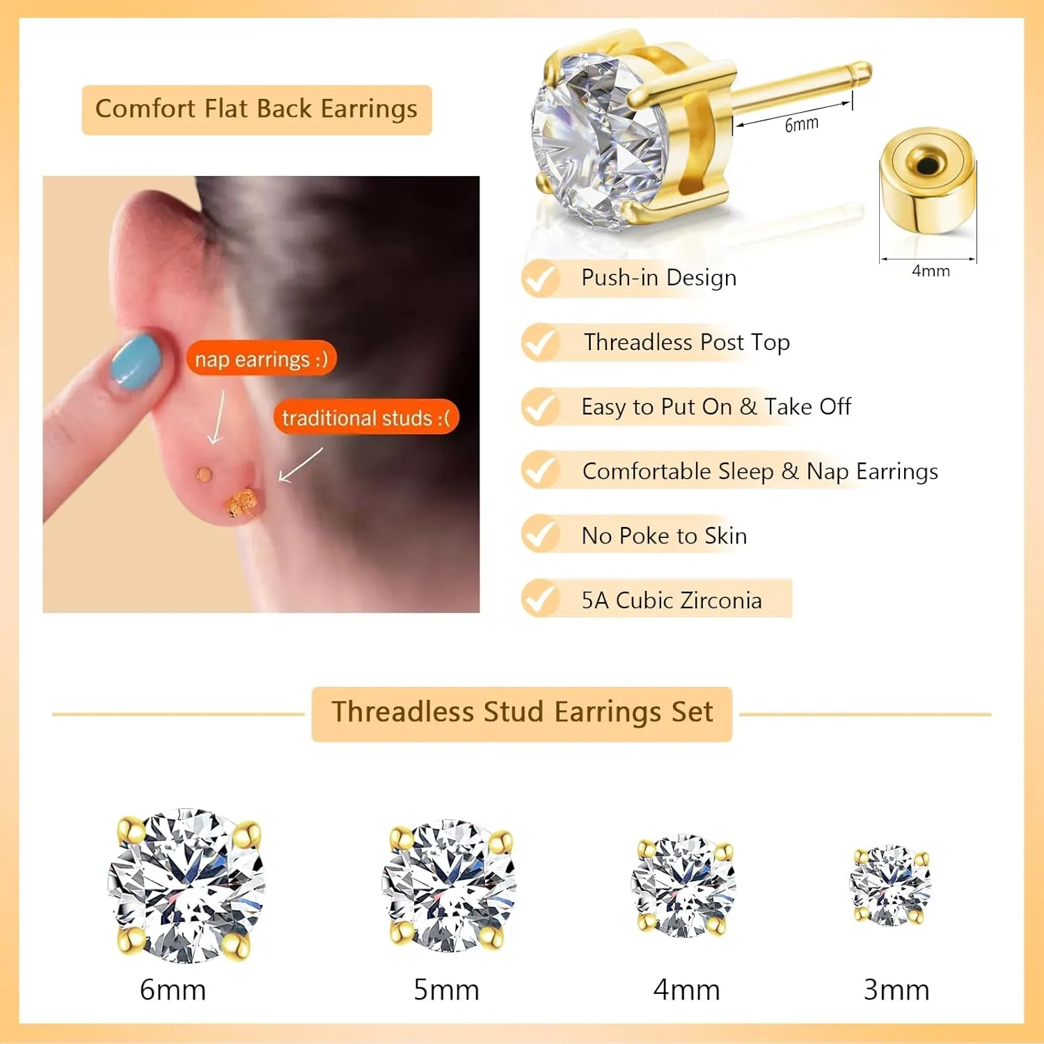 Push-in Cubic Zirconia Flat Back Stud Earrings for Women Men, 14K Gold Plated Hypoallergenic Surgical Stainless Steel Earrings Simulated Moissanite Diamond Studs Set Piercing Earrings 3-6mm