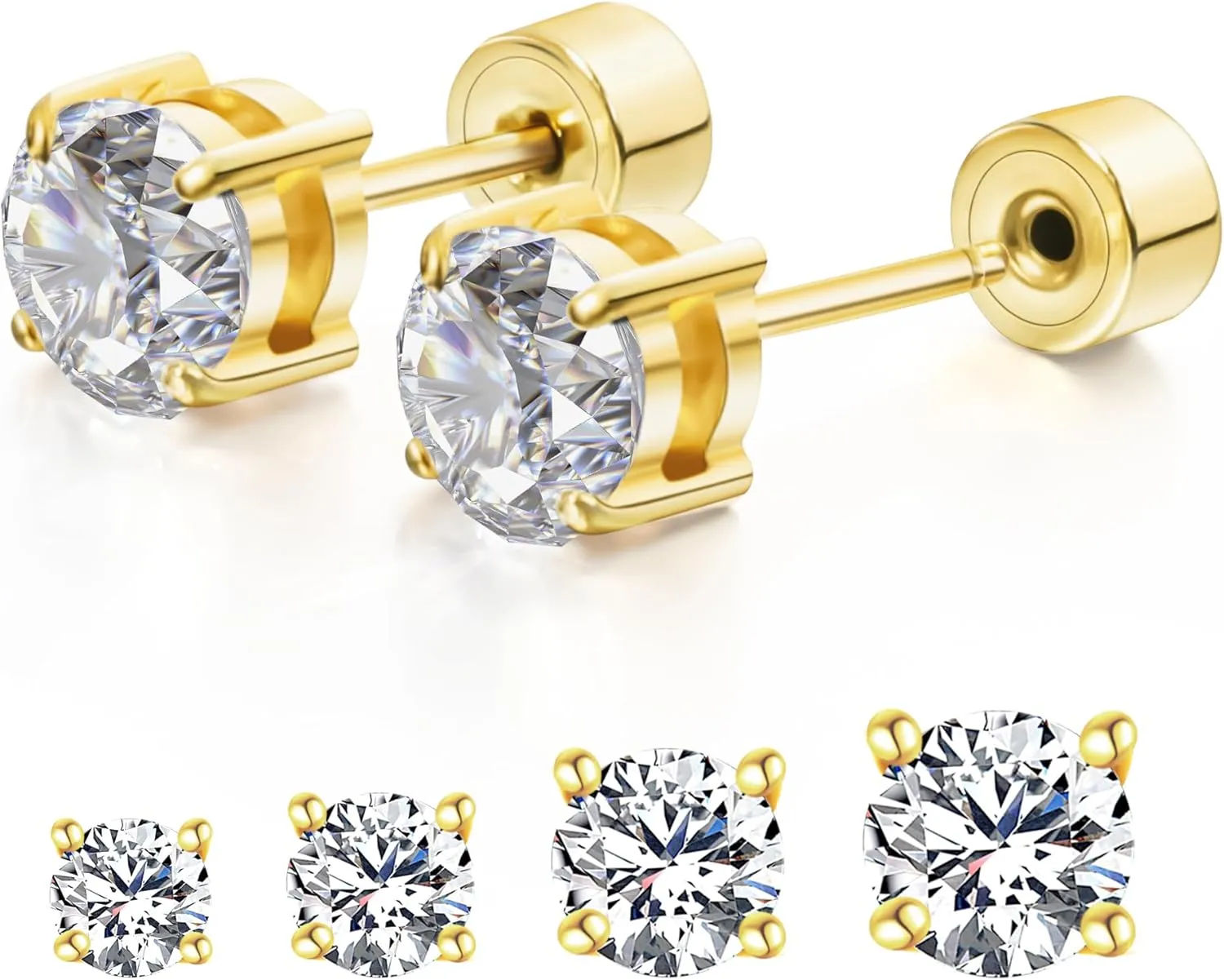 Push-in Cubic Zirconia Flat Back Stud Earrings for Women Men, 14K Gold Plated Hypoallergenic Surgical Stainless Steel Earrings Simulated Moissanite Diamond Studs Set Piercing Earrings 3-6mm
