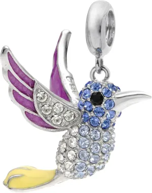 Qina C Rhodium On 925 Sterling Silver Hummingbird Enamel Crystal Dangle For European Charm Bracelets