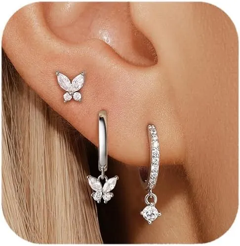 QUINBY 3 Pairs Butterfly Stackable Earrings for Women,14K Gold Plated Hypoallergenic Stud,Dangle Hoop Set with Cubic Zirconia,Perfect for Everyday,Special Occasions
