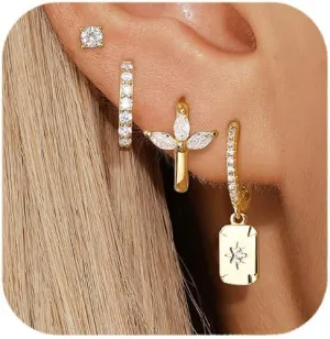 QUINBY Dangle Hoop Earrings Set for Women - Hypoallergenic CZ Drop Earrings - Dangling Stack Hoops