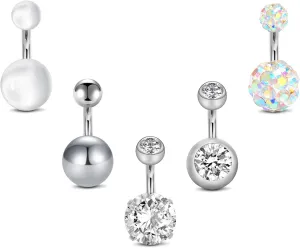 QWALIT Belly Rings - Short Bar Belly Button Rings in Surgical Steel with Opal Stones - 6mm & 10mm