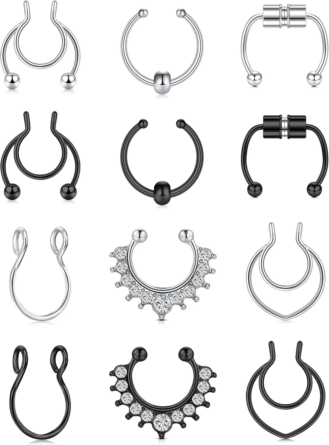 QWALIT Fake Nose Rings & Septum Piercings - Clip On, Non-Piercing, Faux Nose Rings & Hoops for Women & Men